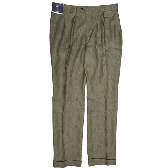 Stafford 34x32 Linen Pant Olive Texture Classic Fit Pleated Cuffs Trousers Pants - Picture 1 of 6